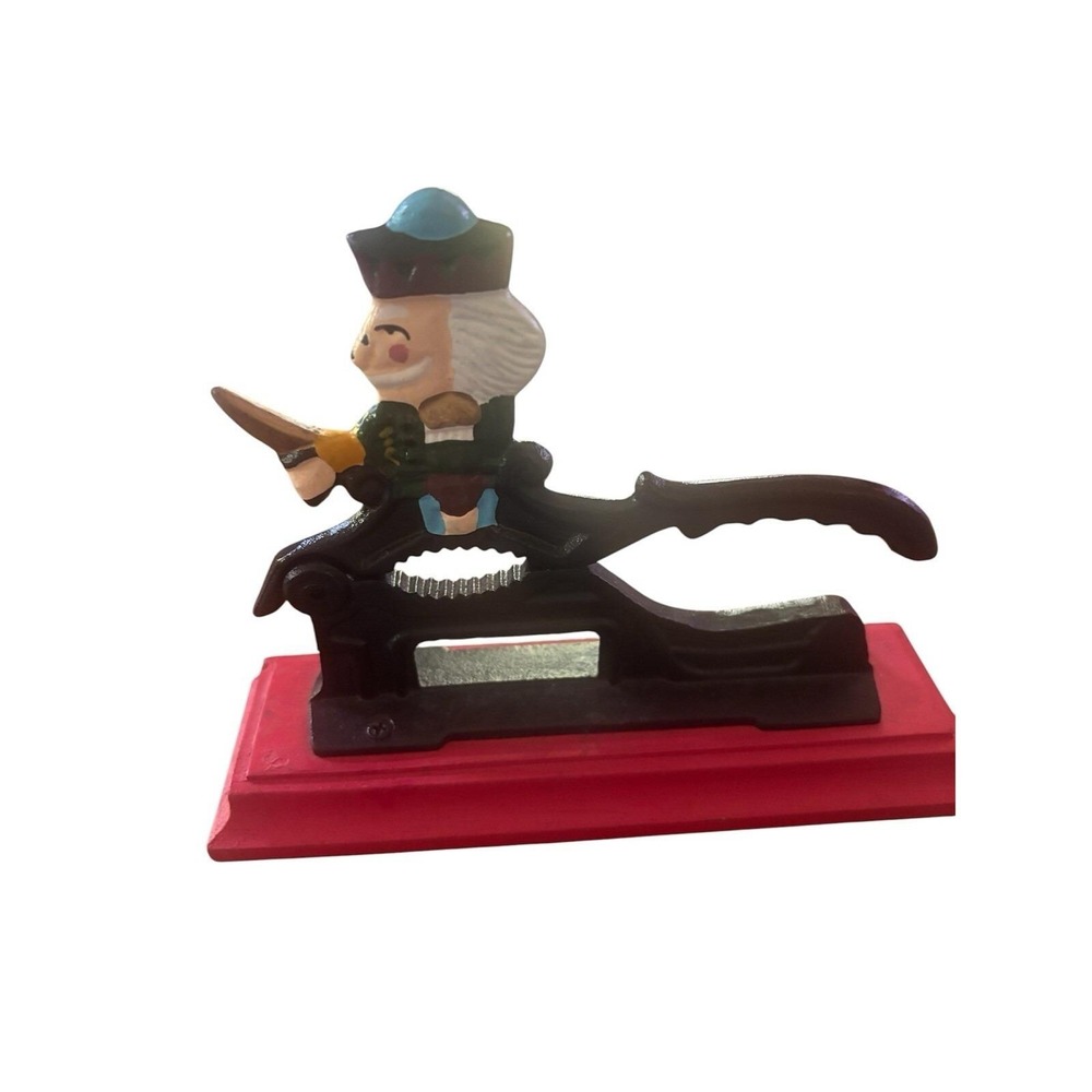 Painted Cast Iron Revolutionary War Soldier Nut Cracker On Wooden Base 5 1/2" H